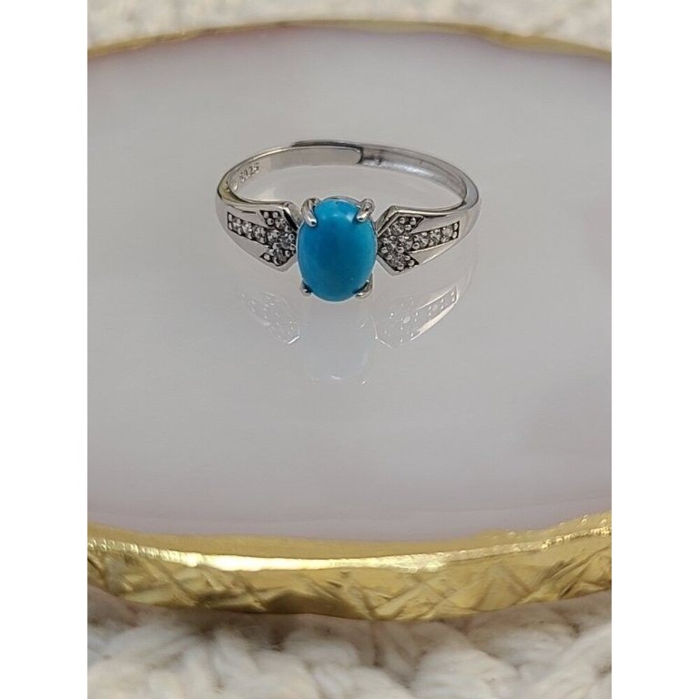 925 Sterling Silver Turquoise Ring Blue Oval Gemstone Adjustable Size 9 Women